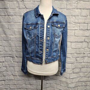 WAX JEAN M MEDIUM WASH DISTRESSED BUTTON COLLARED FLAP POCKET JEAN JACKET